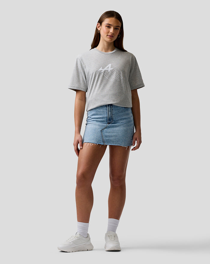 Front view of a model wearing a grey marl Alpine graphic T shirt with chest print and sleeve branding