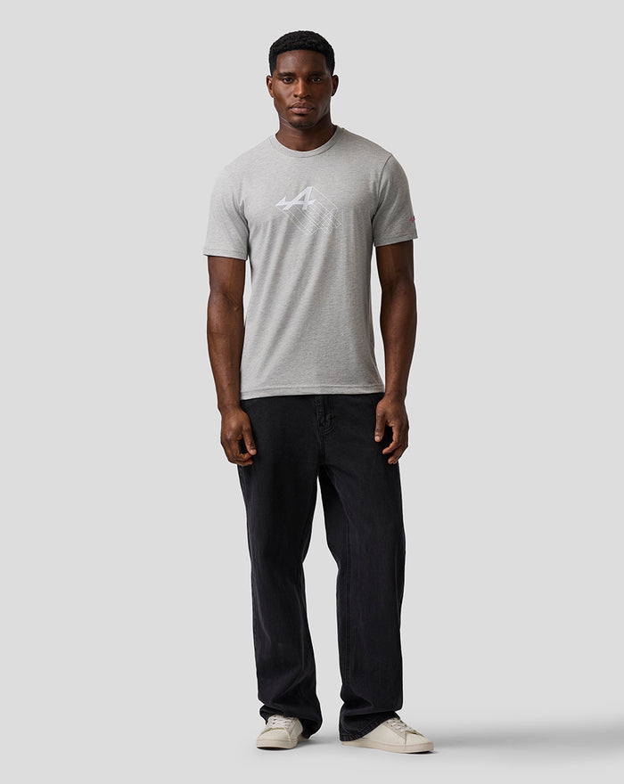 Front view of grey marl unisex graphic T shirt with Alpine A graphic on the chest