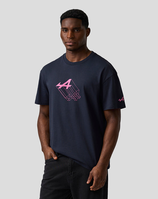 Male model wearing navy night sky relaxed fit graphic T shirt with pink Alpine A logo on chest