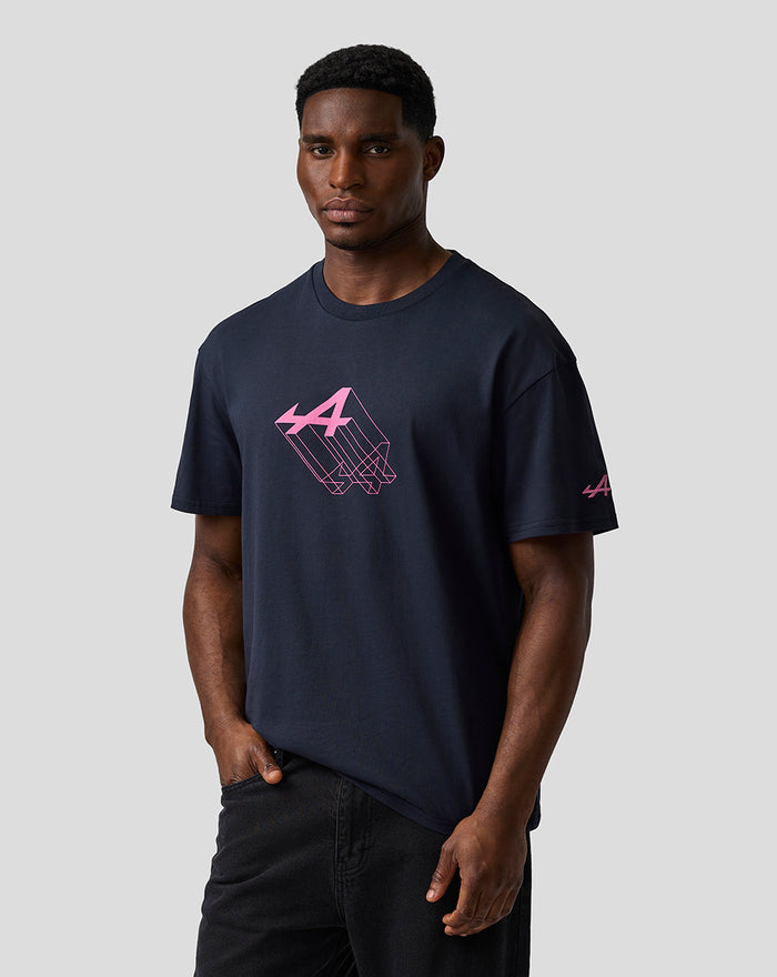 Male model wearing navy night sky relaxed fit graphic T shirt with pink Alpine A logo on chest