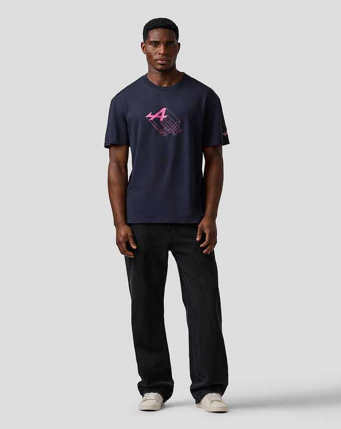 Front view of a man wearing navy T shirt with pink Alpine graphic on the chest and pink logo on the left sleeve
