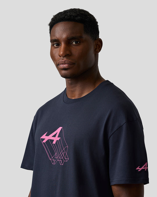 Male model in navy Night Sky T shirt with pink Alpine graphic on chest