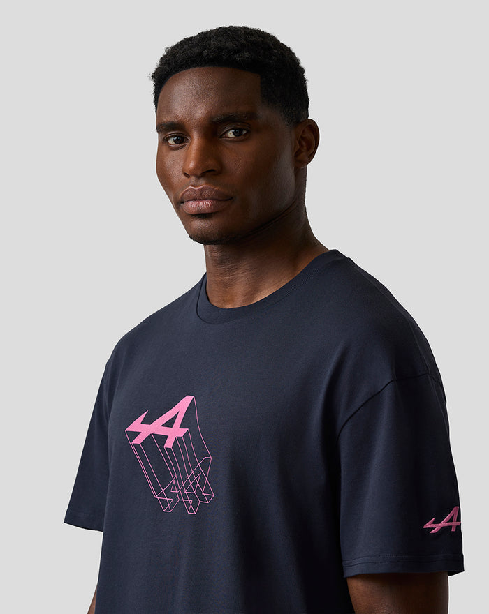 Male model in navy Night Sky T shirt with pink Alpine graphic on chest