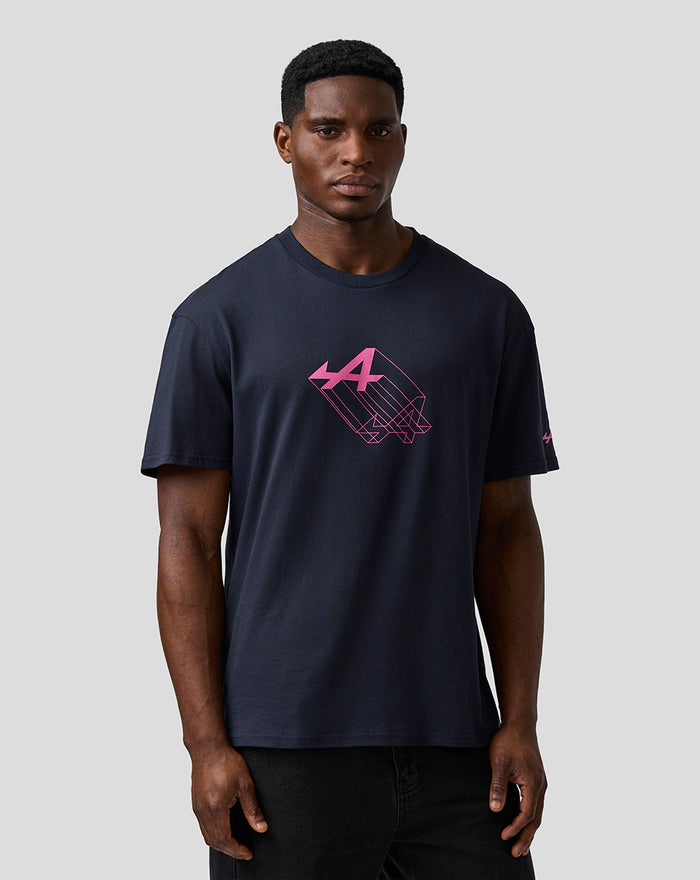 Front view of a man in a navy relaxed fit T shirt with pink Alpine graphic on chest and left sleeve