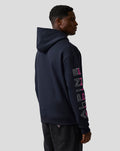 Navy Unisex Relaxed Fit Graphic Hoodie Night Sky shown from behind with Alpine graphic on the right sleeve