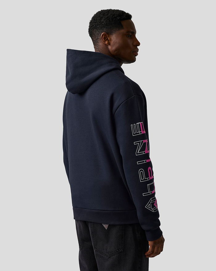 Navy Unisex Relaxed Fit Graphic Hoodie Night Sky shown from behind with Alpine graphic on the right sleeve